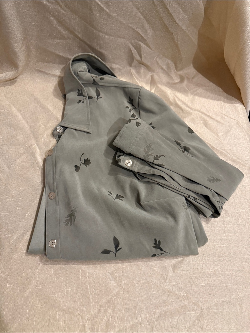 Women's Sage Green Button-Down Shirt with Subtle Leaf Print